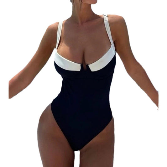 Women's Black & White U-Neck One-Piece Swimsuit