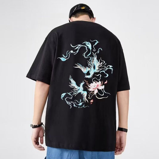 Phoenix Embroidered Solid Color Short-Sleeve T-shirt - Simple & Trendy Summer Men's Wear