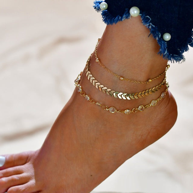 Vintage Crystal Anklet Set - Handmade Summer Beach Accessories (3Pcs)