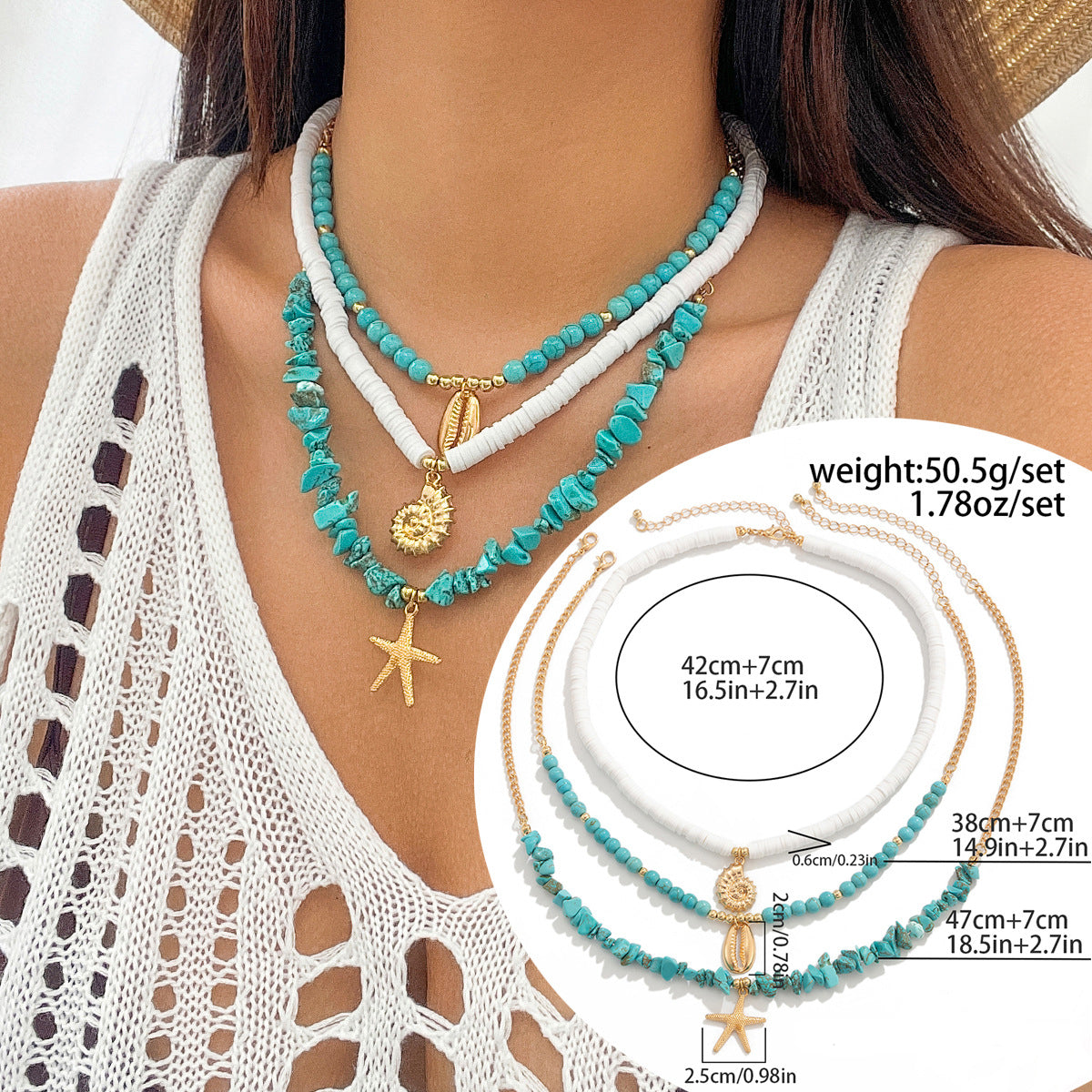 Ocean Wind Shell & Turquoise Multi-Layer Necklace - Beach Starfish Accessories
