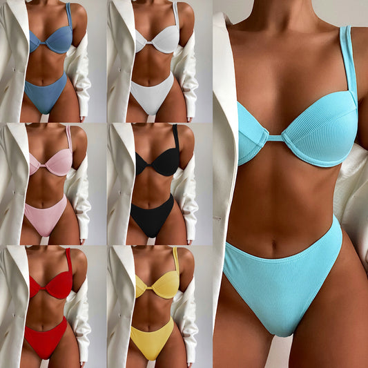 High-Waist Solid Color Bikini Swimsuit
