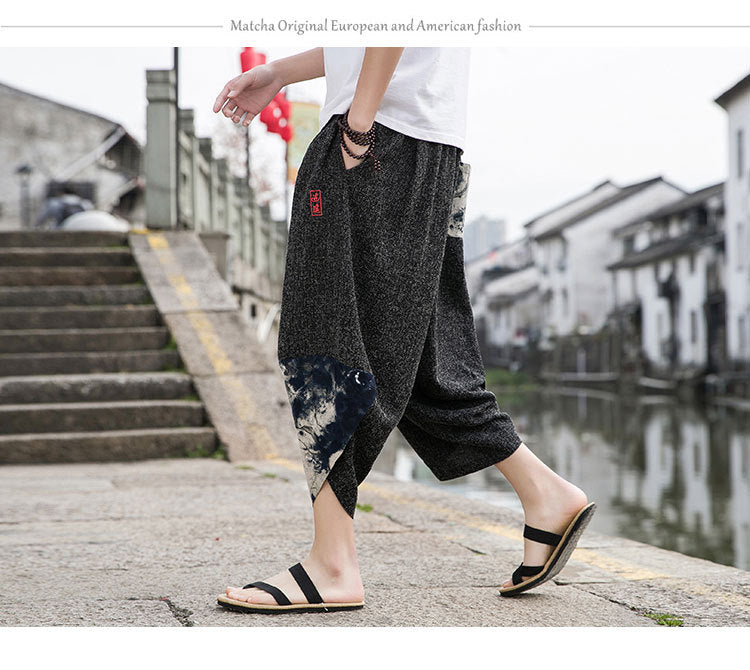Summer Chinese-Style Men's Embroidered Ice Silk Capris - Trendy Wide-Leg Beach Pants