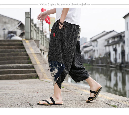 Summer Chinese-Style Men's Embroidered Ice Silk Capris - Trendy Wide-Leg Beach Pants