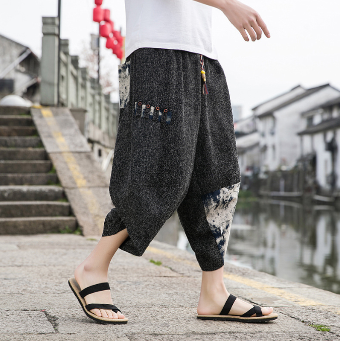 Summer Chinese-Style Men's Embroidered Ice Silk Capris - Trendy Wide-Leg Beach Pants