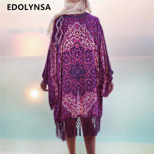 Romantic Chiffon Beach Cover-Up with Purple Tassels - Elegant Ladies' Pareo