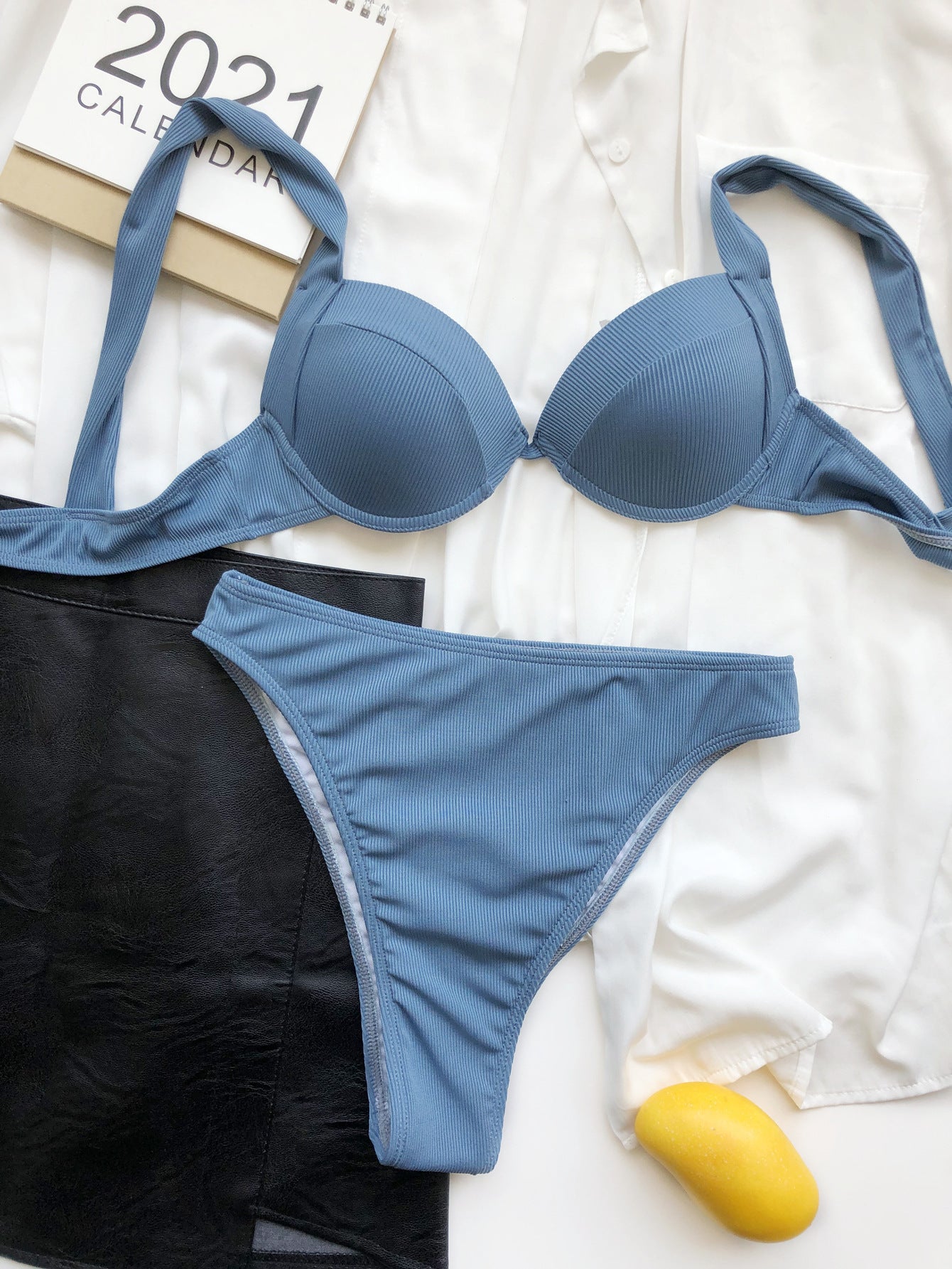 High-Waist Solid Color Bikini Swimsuit