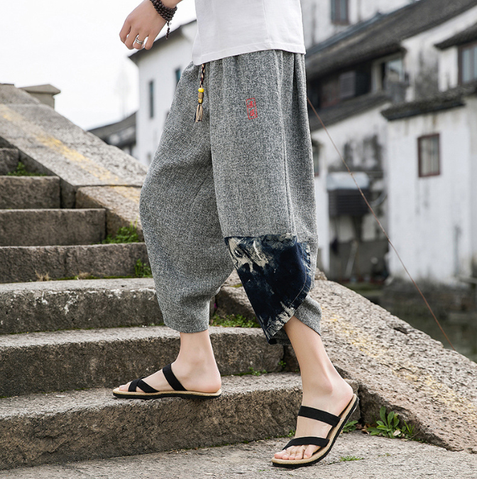 Summer Chinese-Style Men's Embroidered Ice Silk Capris - Trendy Wide-Leg Beach Pants