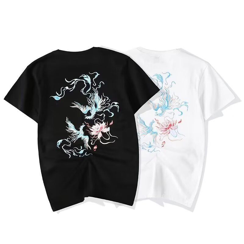 Phoenix Embroidered Solid Color Short-Sleeve T-shirt - Simple & Trendy Summer  Men's Wear