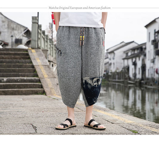 Summer Chinese-Style Men's Embroidered Ice Silk Capris - Trendy Wide-Leg Beach Pants