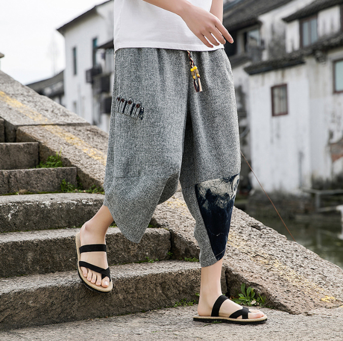 Summer Chinese-Style Men's Embroidered Ice Silk Capris - Trendy Wide-Leg Beach Pants