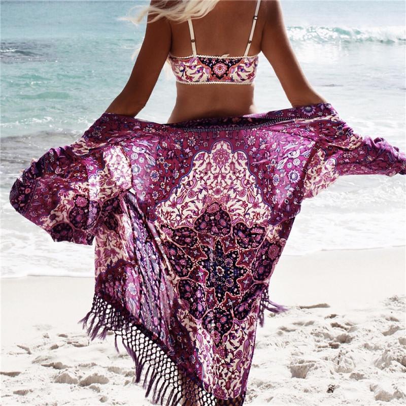 Romantic Chiffon Beach Cover-Up with Purple Tassels - Elegant Ladies' Pareo