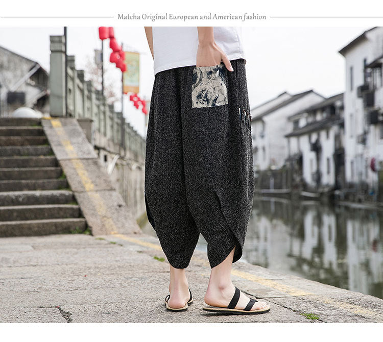 Summer Chinese-Style Men's Embroidered Ice Silk Capris - Trendy Wide-Leg Beach Pants
