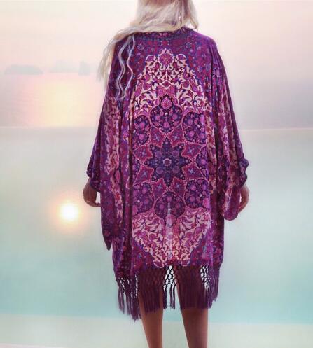 Romantic Chiffon Beach Cover-Up with Purple Tassels - Elegant Ladies' Pareo